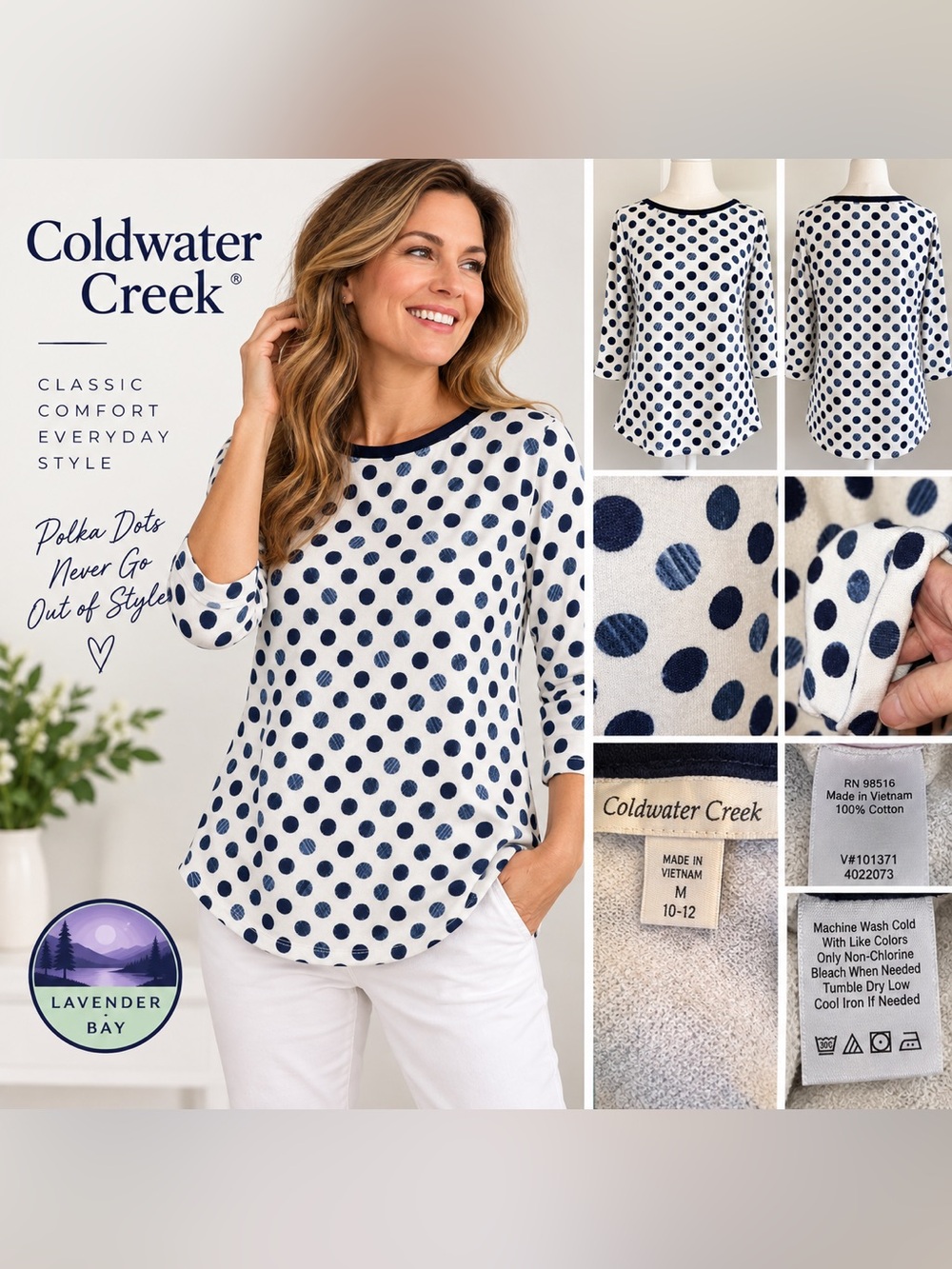 Coldwater Creek Polka Dot Terry Tunic Top Medium 10-12 100% Cotton Blue White